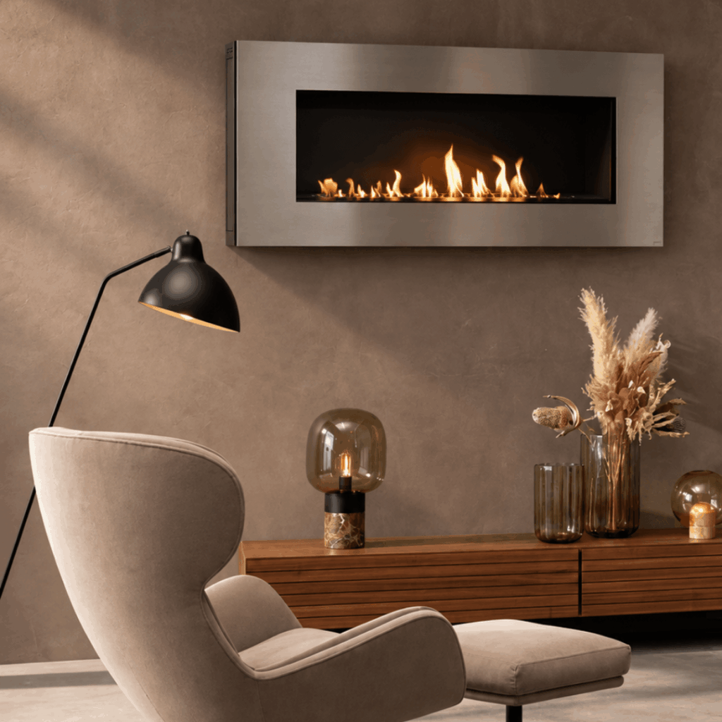 Apollo EvoPlus wall-mounted bioethanol fireplace by GlammFire in a refined contemporary living room