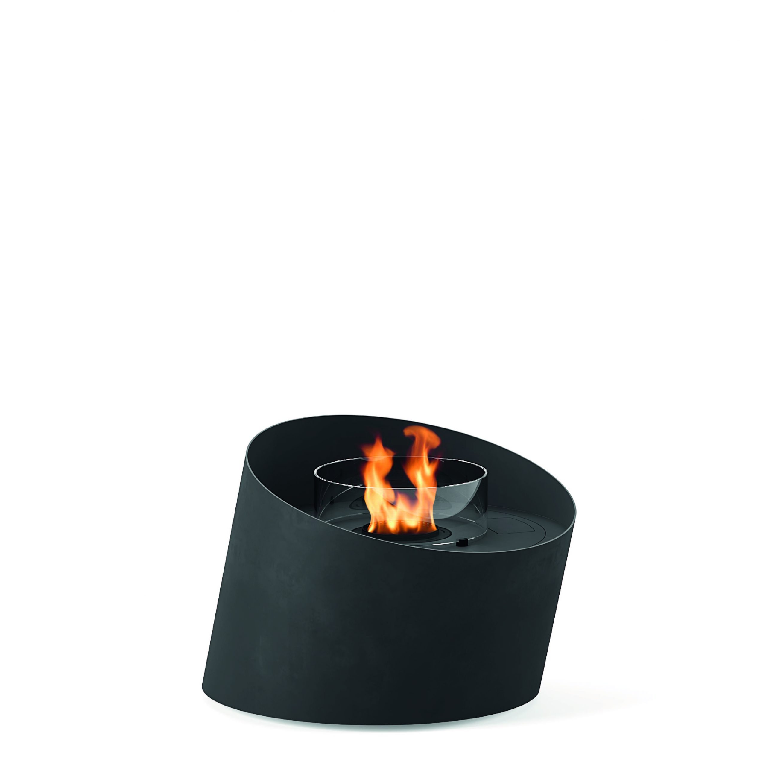 Contour freestanding bioethanol fireplace with a sleek modern design and visible flame.