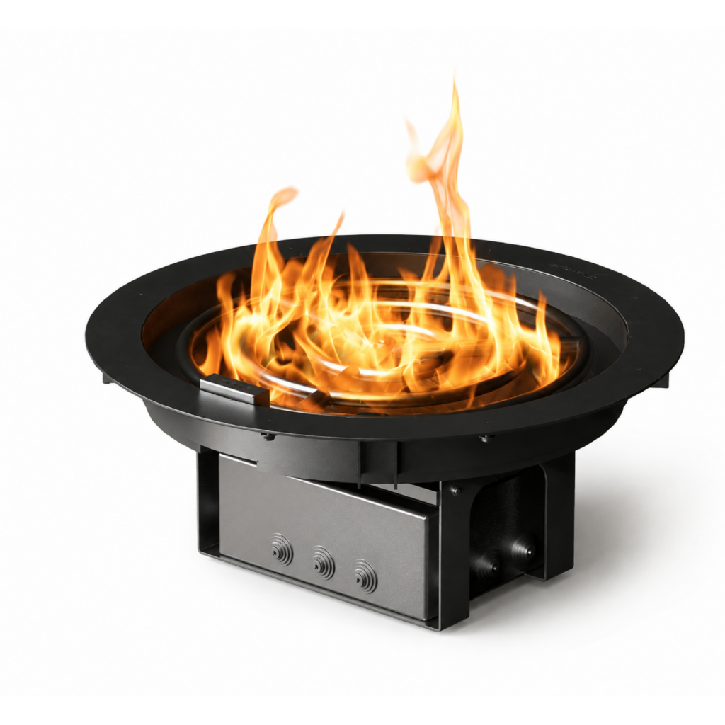 Round gas fire zone by GlammFire for outdoor or built-in installations.