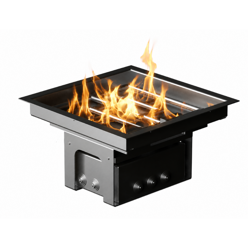 Square gas fire zone by GlammFire for outdoor and built-in installations.