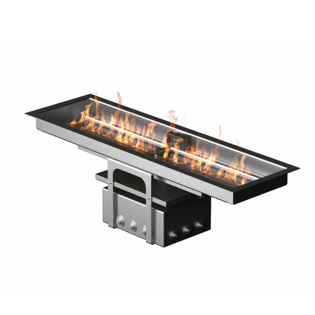 Rectangular gas fire zone by GlammFire for outdoor and built-in installations.