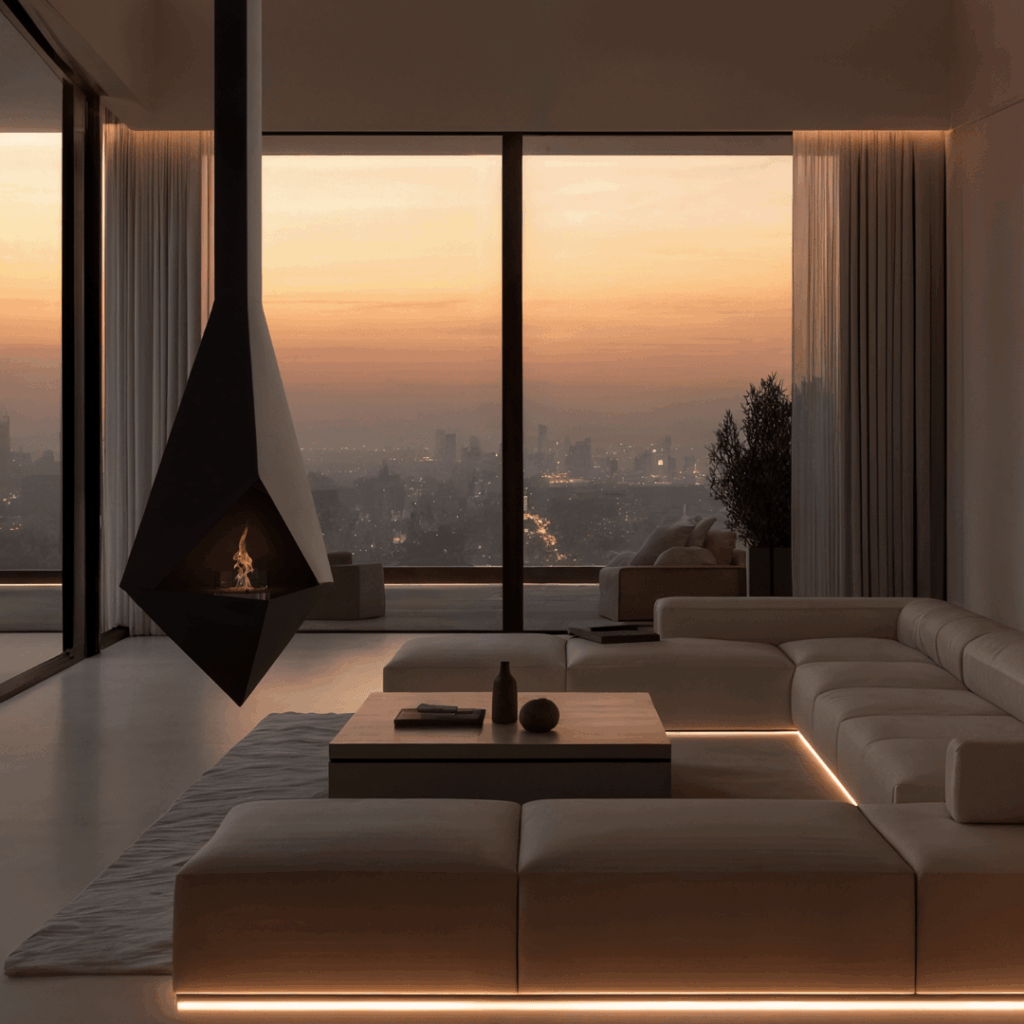 Pythagoras suspended bioethanol fireplace by GlammFire in a contemporary interior at sunset