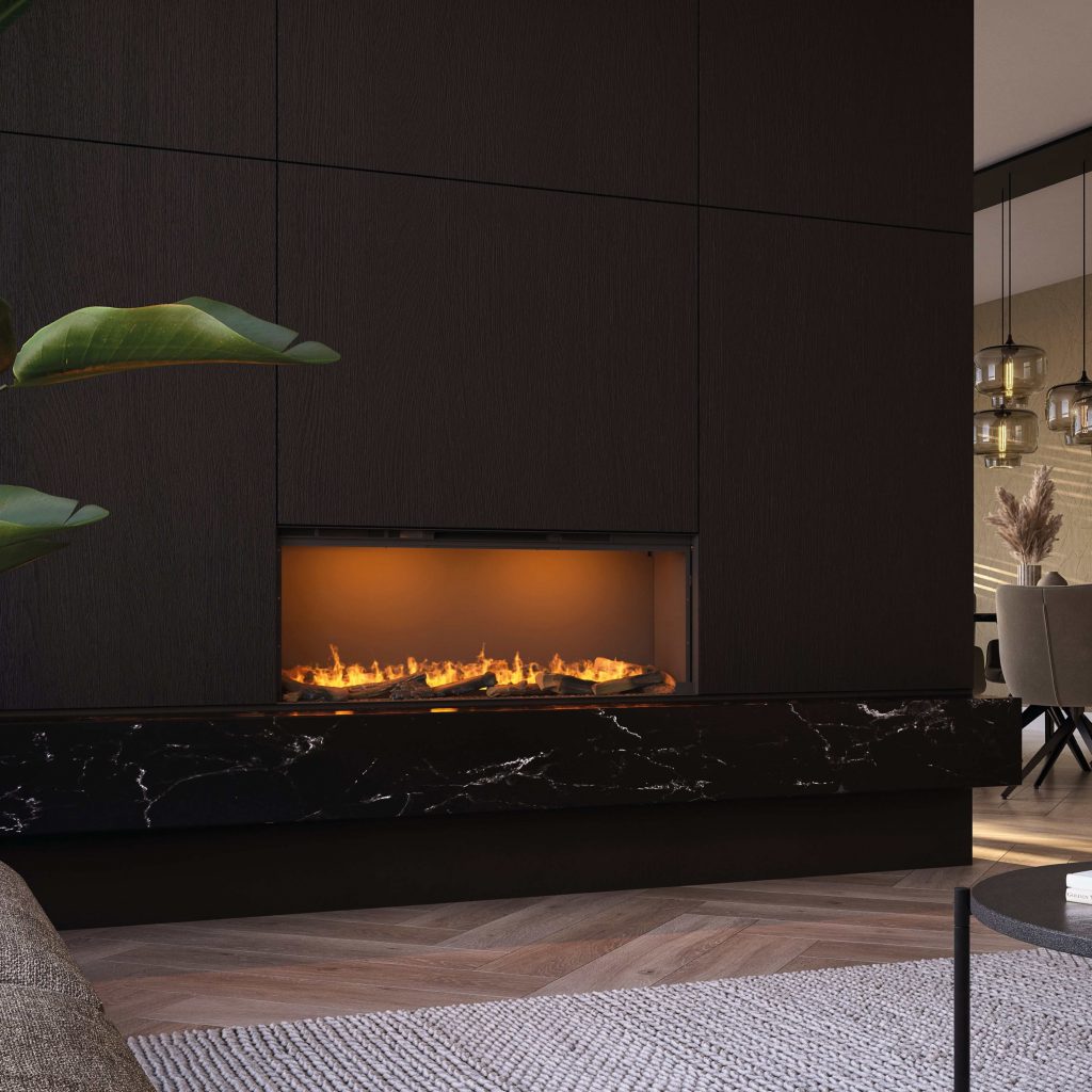 Modern Prestige electric fireplace with a realistic flame and log effect in a dark, elegant interior.