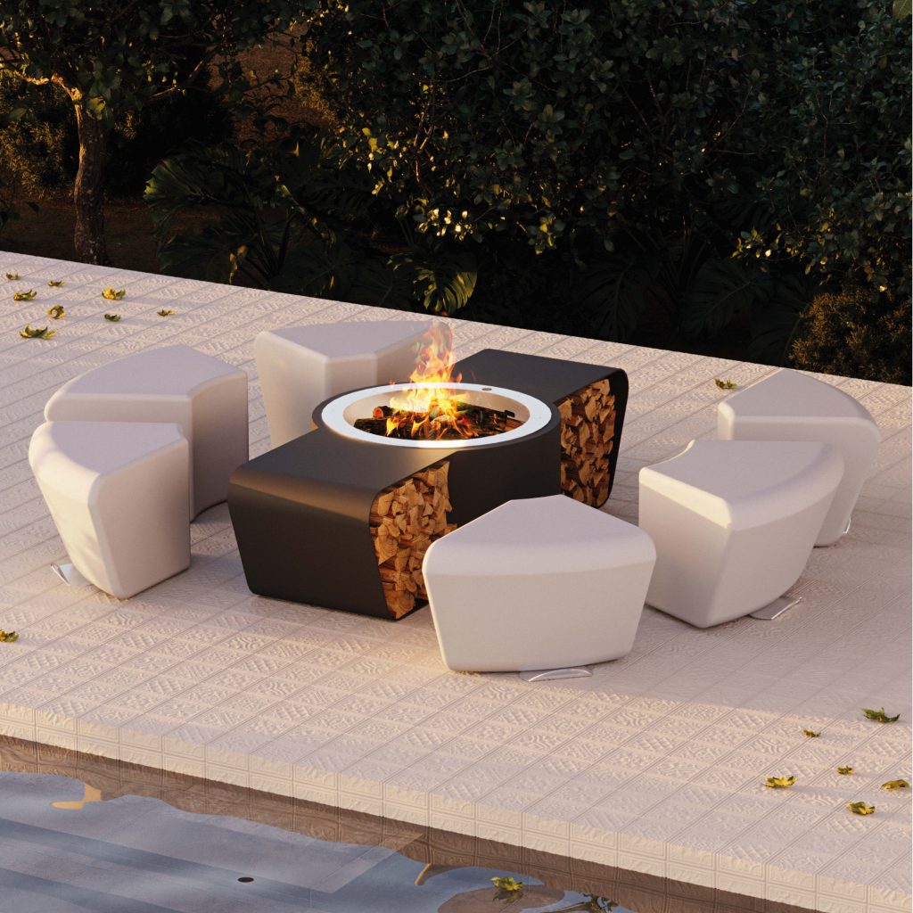 The Circus fire pit with surrounding benches and wood storage compartment in a luxurious outdoor setting near a pool and garden.