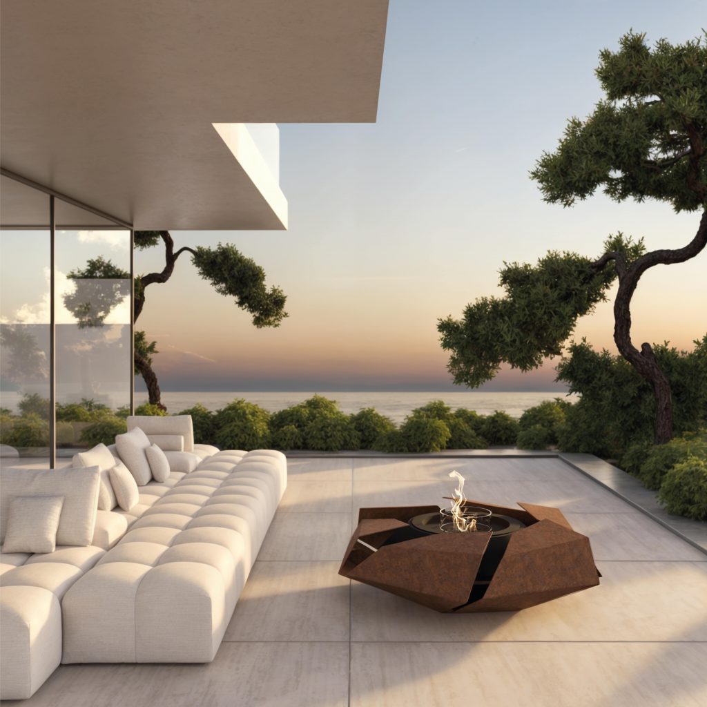 Image of the Stravaganza fire pit with a rusted corten steel finish on a modern, luxurious terrace. A comfortable sofa sits nearby, surrounded by lush greenery, with an incredible view of the sea and sunset. This unique fire pit adds a rustic yet elegant touch to the outdoor space, creating a perfect setting for relaxation.