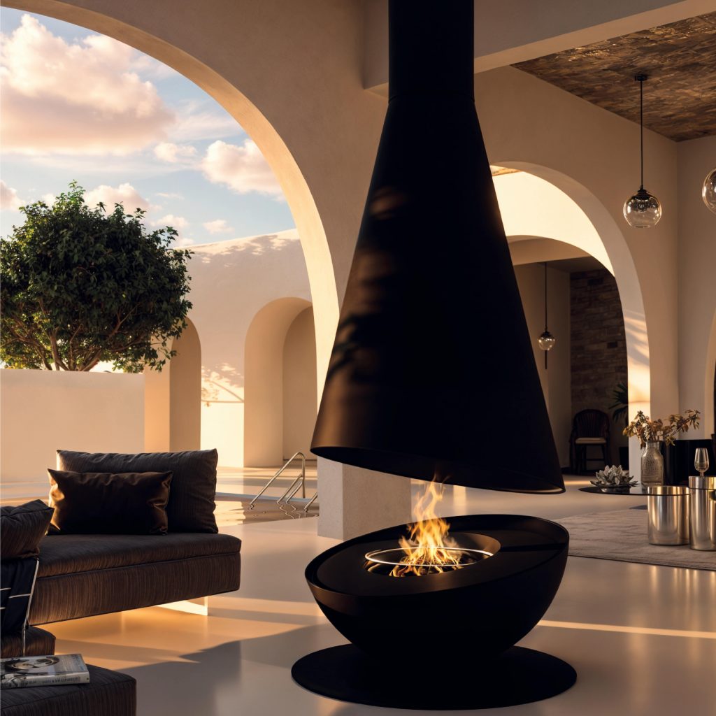 Thales Firewood modern fireplace in an elegant outdoor living area with arches and exposed wood ceiling.