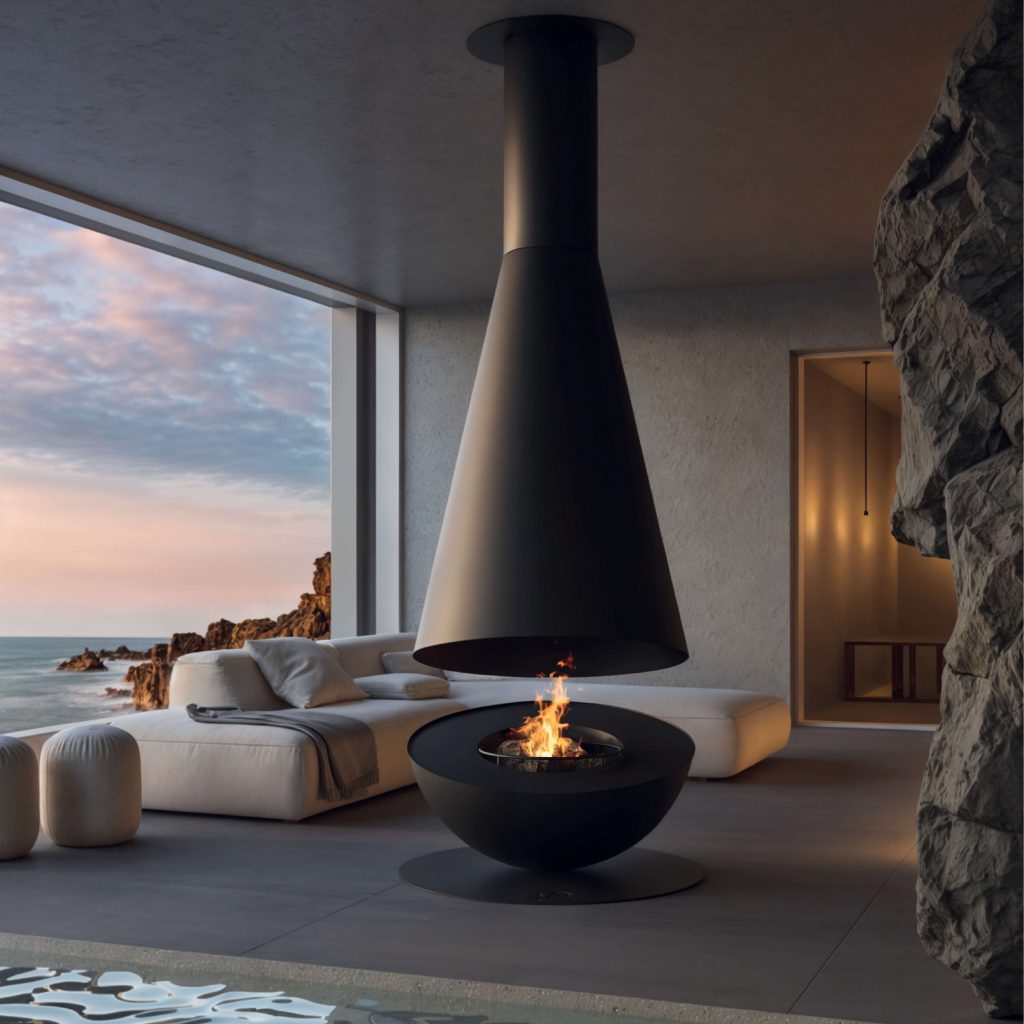 Thales Firewood fireplace in a luxurious seaside living area with panoramic ocean views.