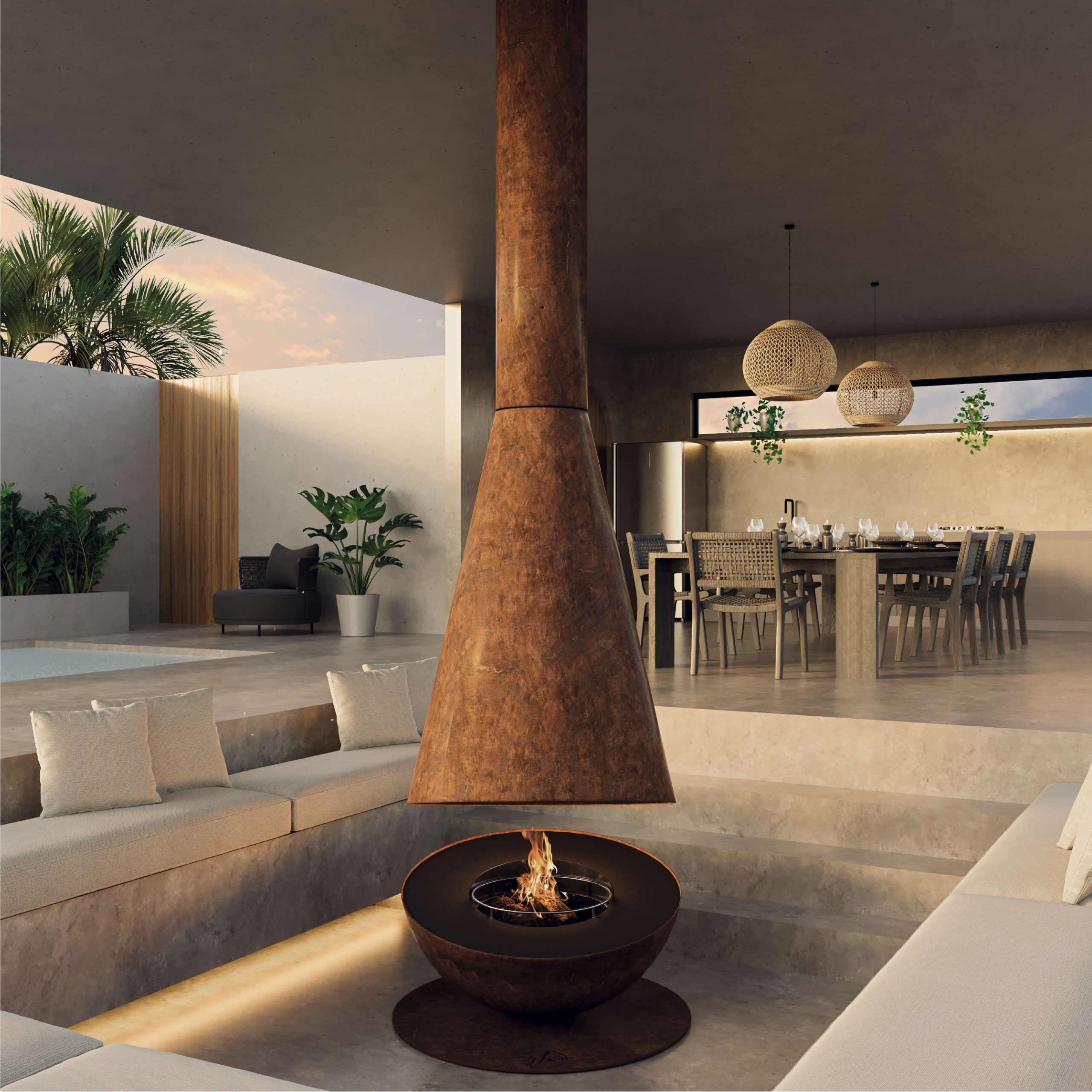 Thales Firewood suspended fireplace with corten steel finish for modern interior design.