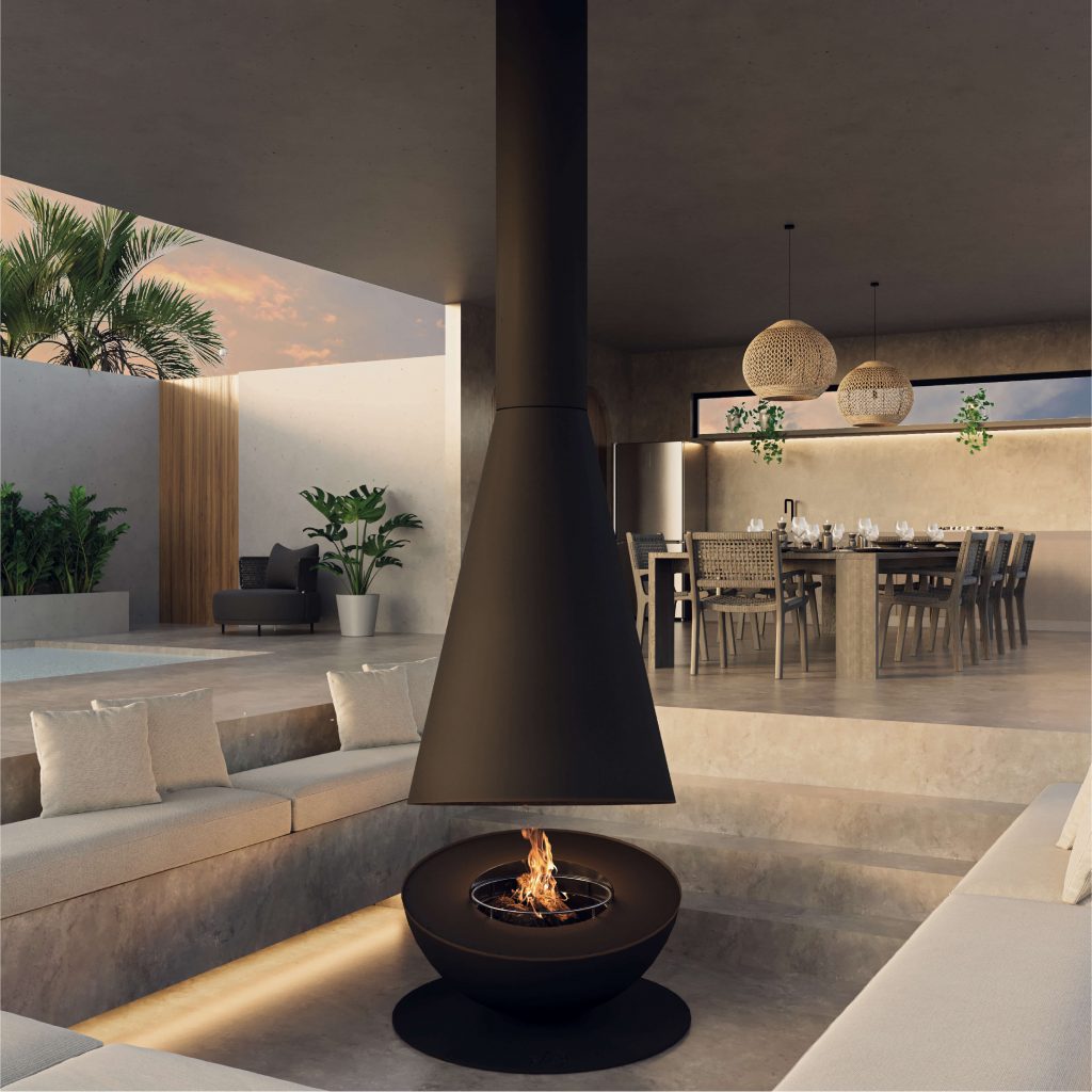 Thales Firewood suspended fireplace with black lacquered steel finish for modern interior design.