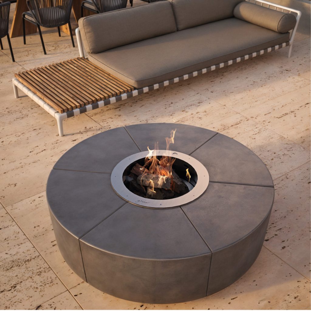 The Zarzuela fire pit with a round cement silhouette on a luxury patio, next to a lounger and sofa.