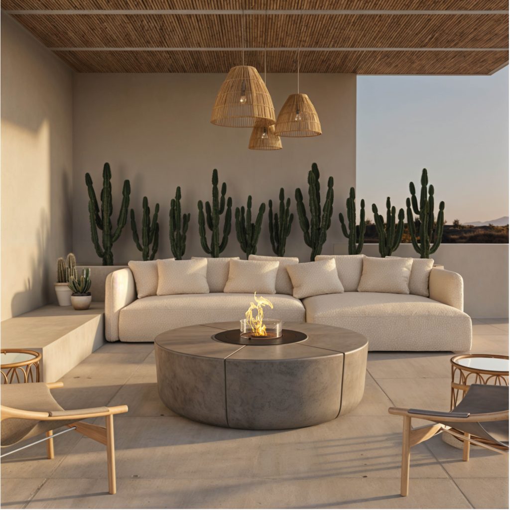 The Zarzuela fire pit in a luxurious outdoor space, surrounded by chairs and sofas with cacti in the background during the evening.