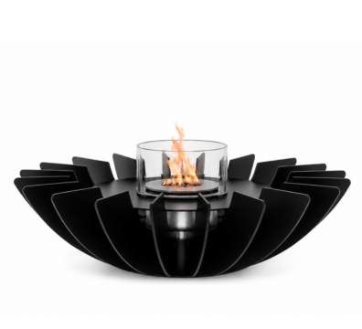 Cosmo bioethanol tabletop fireplace by GlammFire with a sleek, flower-inspired design, and transparent background, showcasing a modern flame in a glass container.