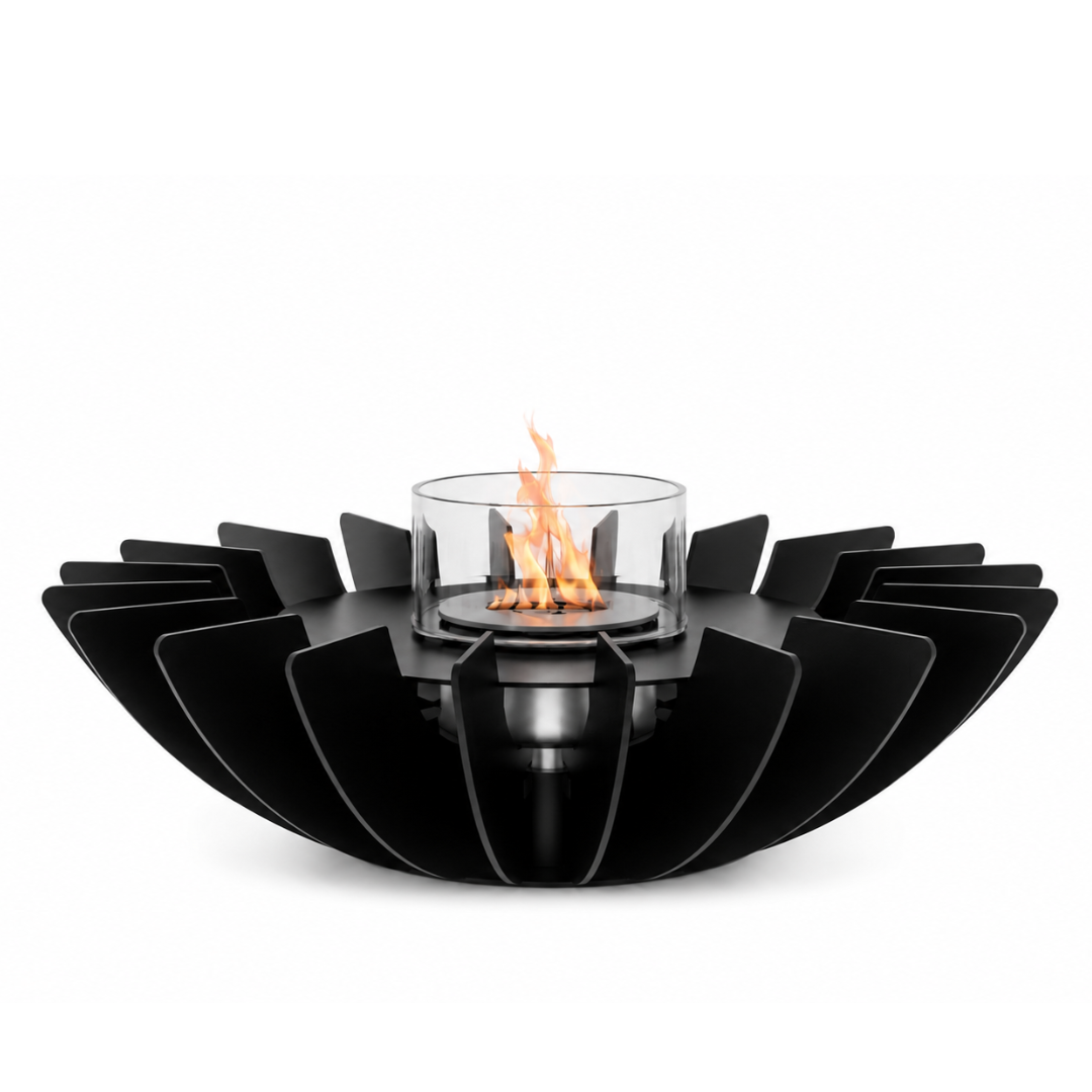 Cosmo bioethanol tabletop fireplace by GlammFire with a sleek, flower-inspired design, and transparent background, showcasing a modern flame in a glass container.