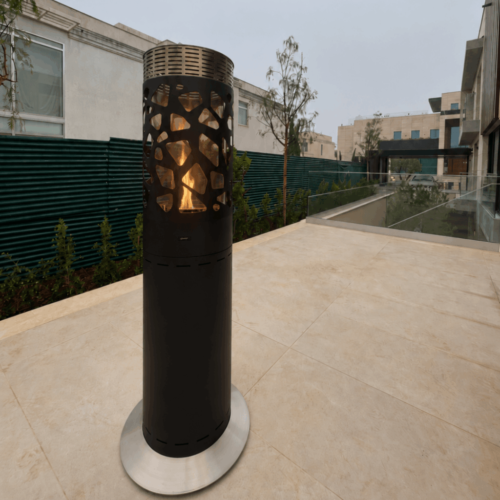 Selene Hedges gas patio heater by GlammFire in a contemporary outdoor terrace setting