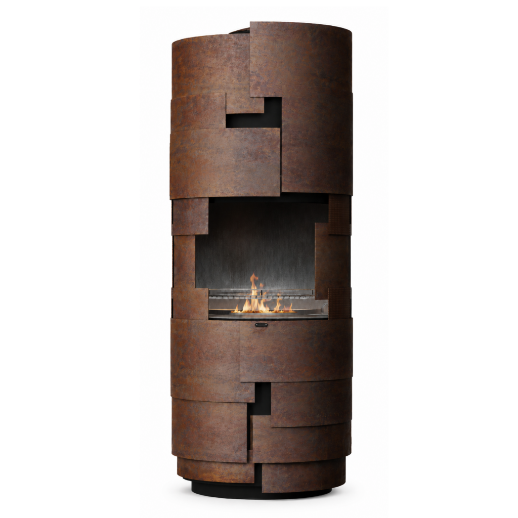 Intermezzo barbecue by GlammFire with cylindrical design and wood-burning flame for outdoor cooking.