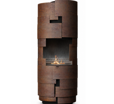 Intermezzo barbecue by GlammFire with cylindrical design and wood-burning flame for outdoor cooking.
