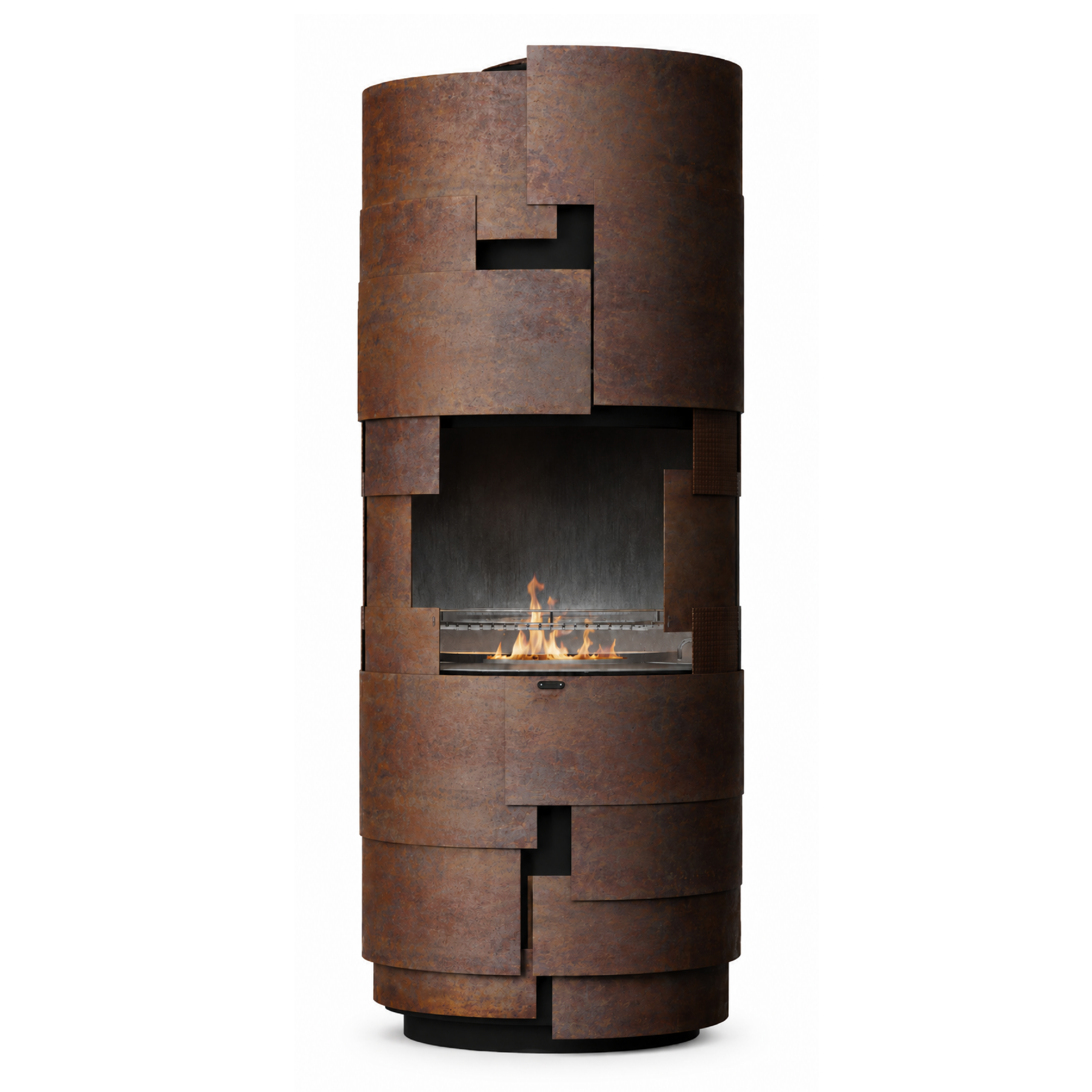 Intermezzo barbecue by GlammFire with cylindrical design and wood-burning flame for outdoor cooking.