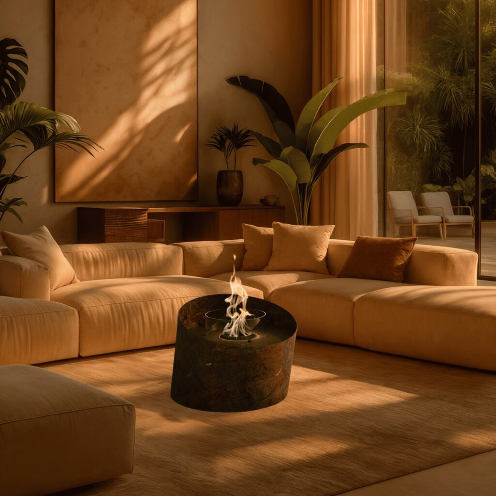 Lareira de chão Contour a bioetanol da GlammFire com acabamento em aço corten em sala moderna com sofá bege.