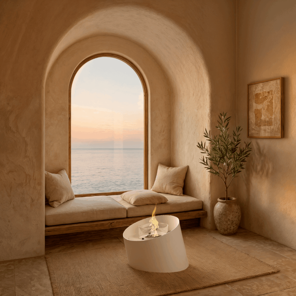 Contour White bioethanol fireplace by GlammFire in a warm contemporary interior with ocean view