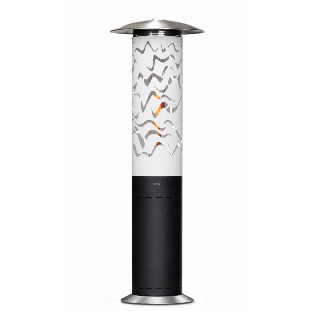Hyperion Samba gas heater by GlammFire with white and black cylindrical design for outdoor heating.