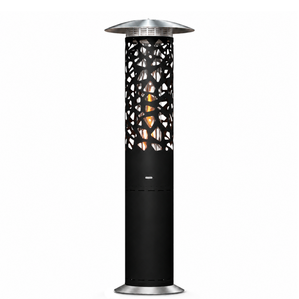 Hyperion Tile gas heater by GlammFire with black perforated cylindrical design for outdoor heating.