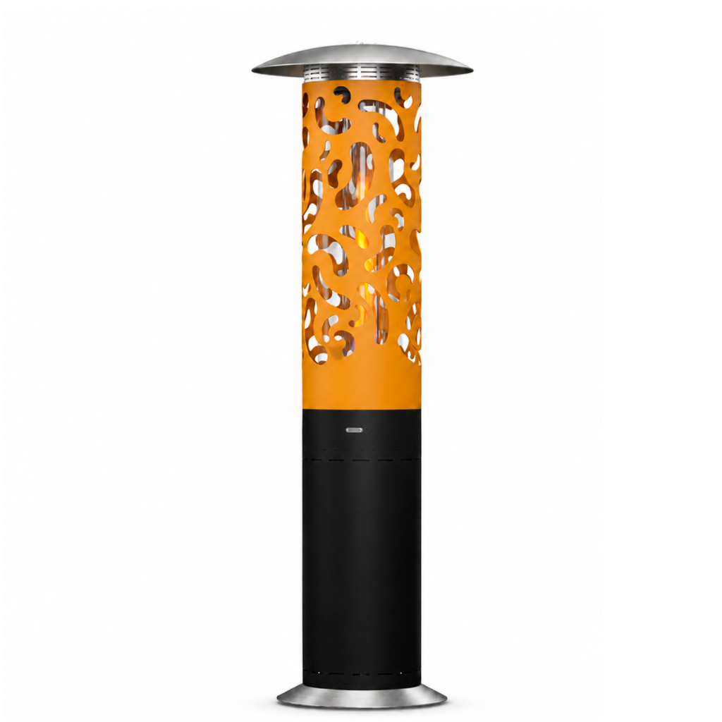 Hyperion Bliss gas heater by GlammFire with elegant golden finish for outdoor heating.