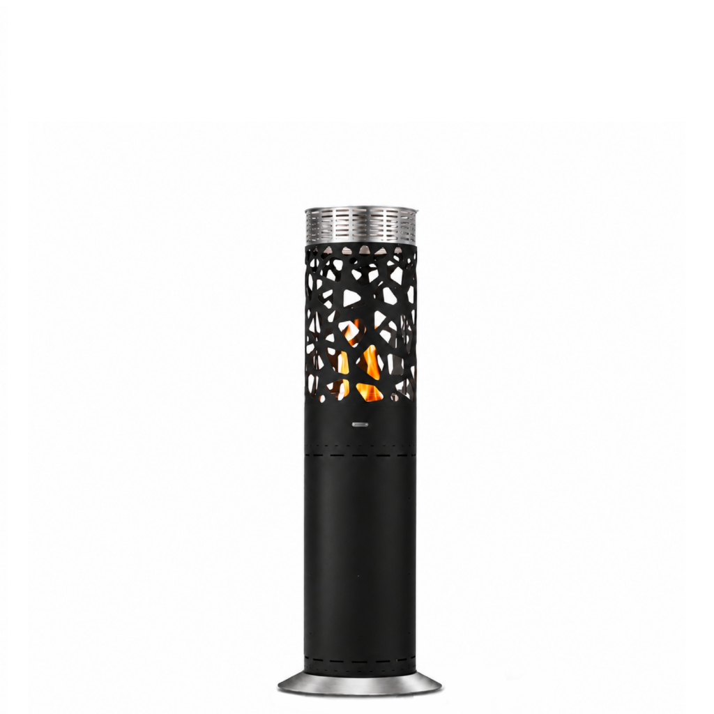 Selene Tile gas heater by GlammFire with black perforated cylindrical design for outdoor heating.