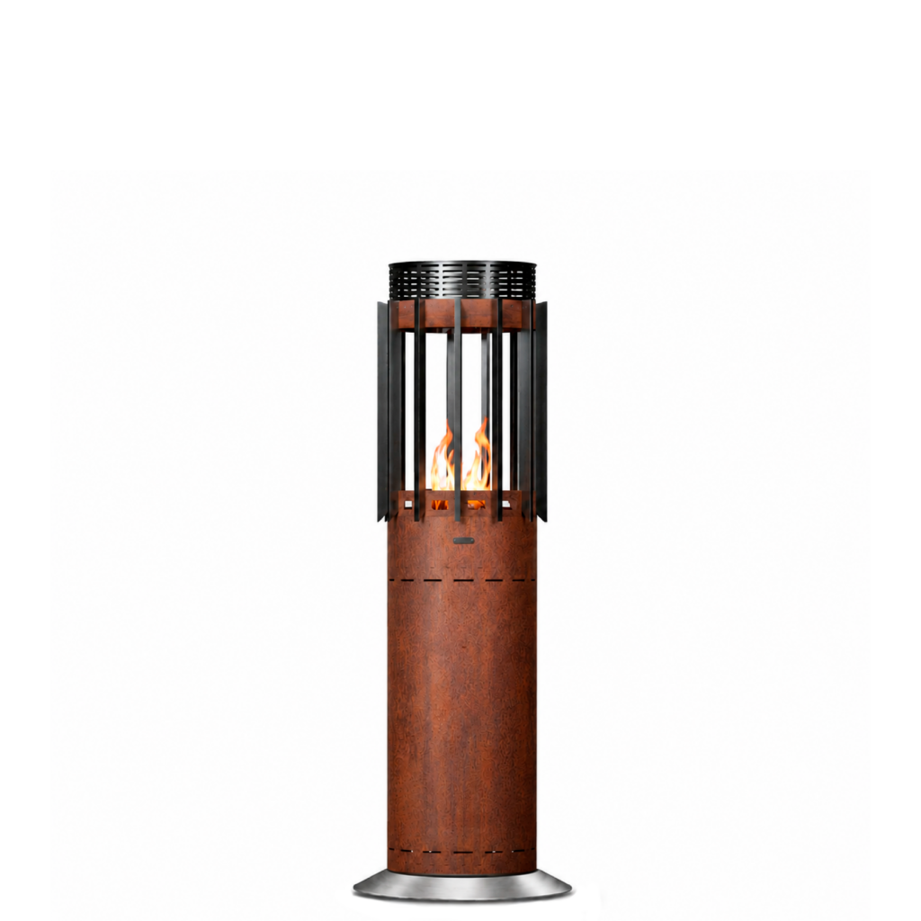 Selene Hedges gas heater by GlammFire with black cylindrical design for outdoor heating.