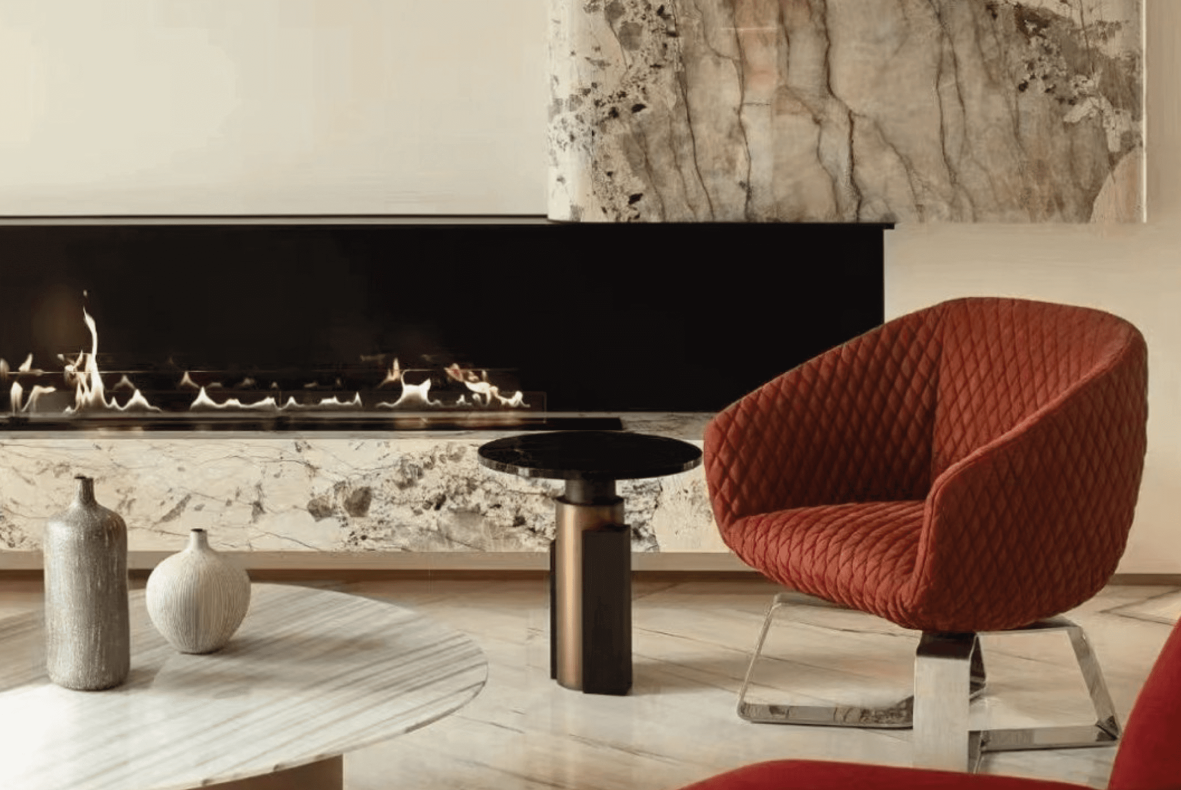 Fire Line bioethanol burner by GlammFire in a modern living room with marble accents and stylish seating