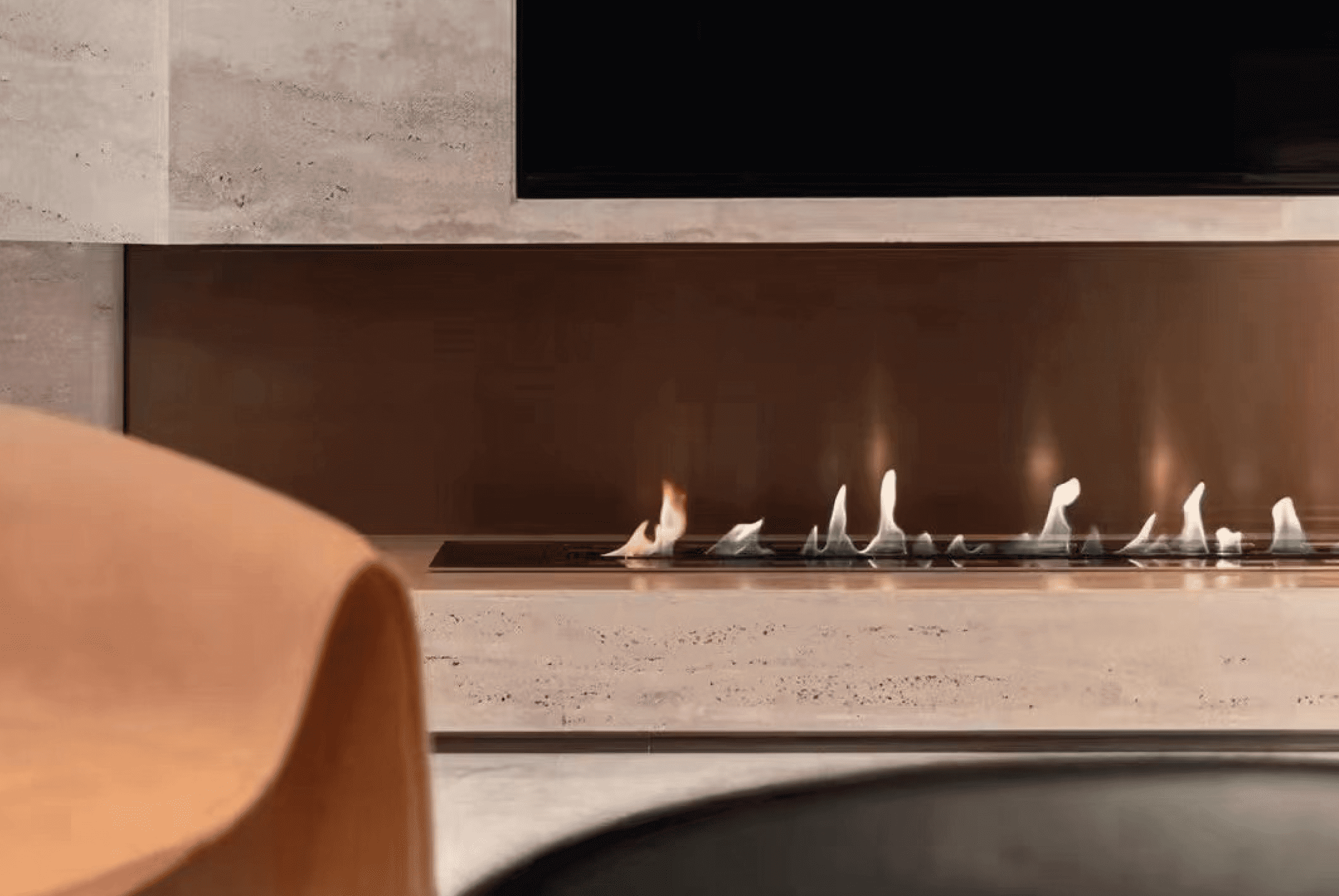 Fire Line bioethanol burner by GlammFire integrated into a modern fireplace design