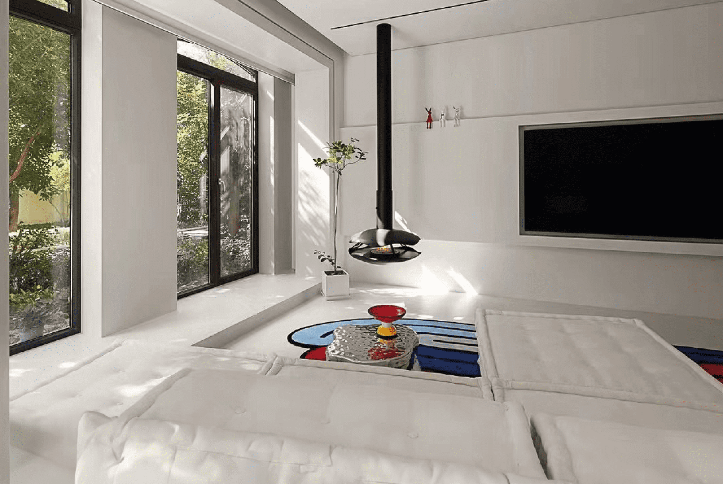 Hanging bioethanol fireplace Perola in a modern minimalist interior, by GlammFire