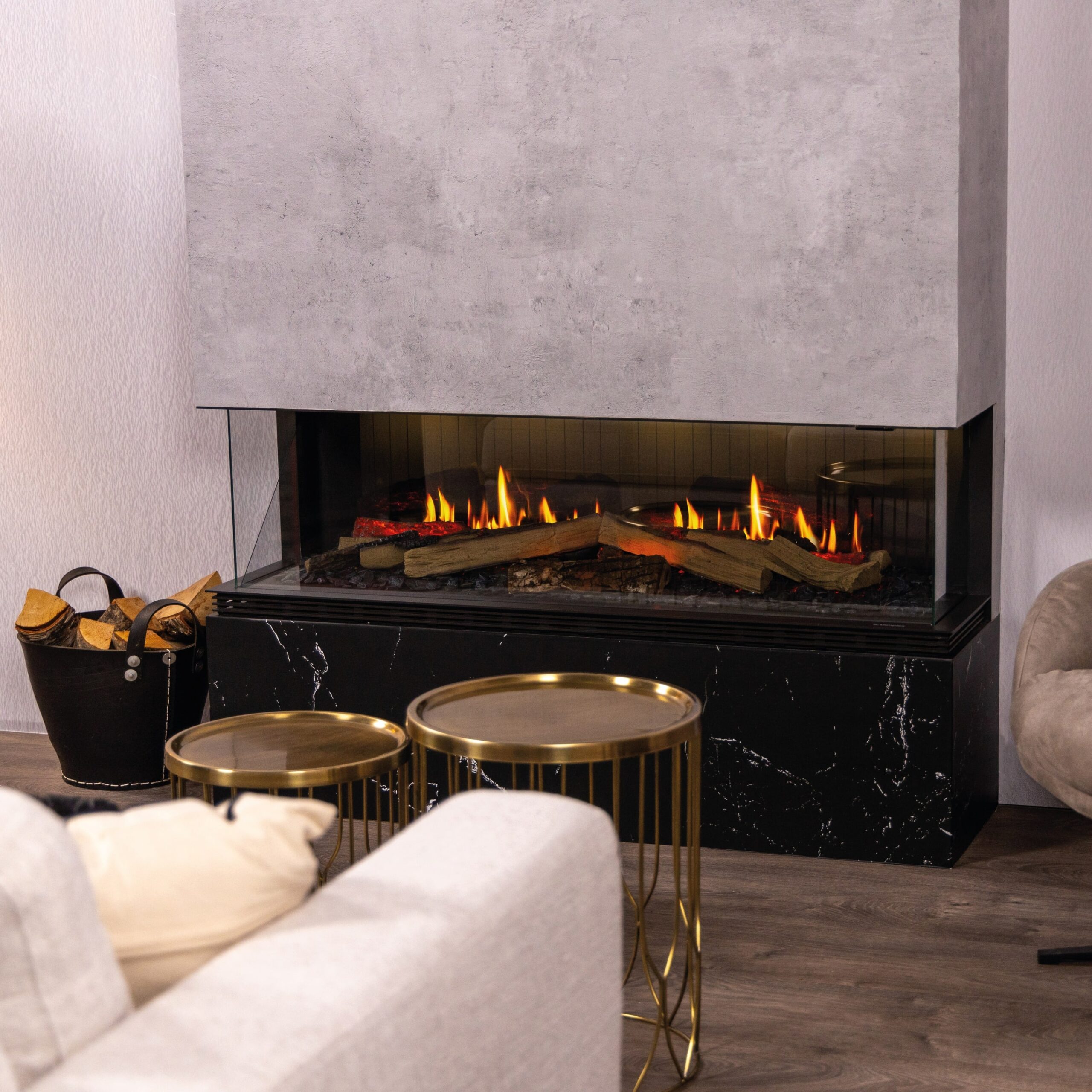 Illusion Electric Fireplace by GlammFire in an elegant and luxurious setting, built-in with a sophisticated heating system.