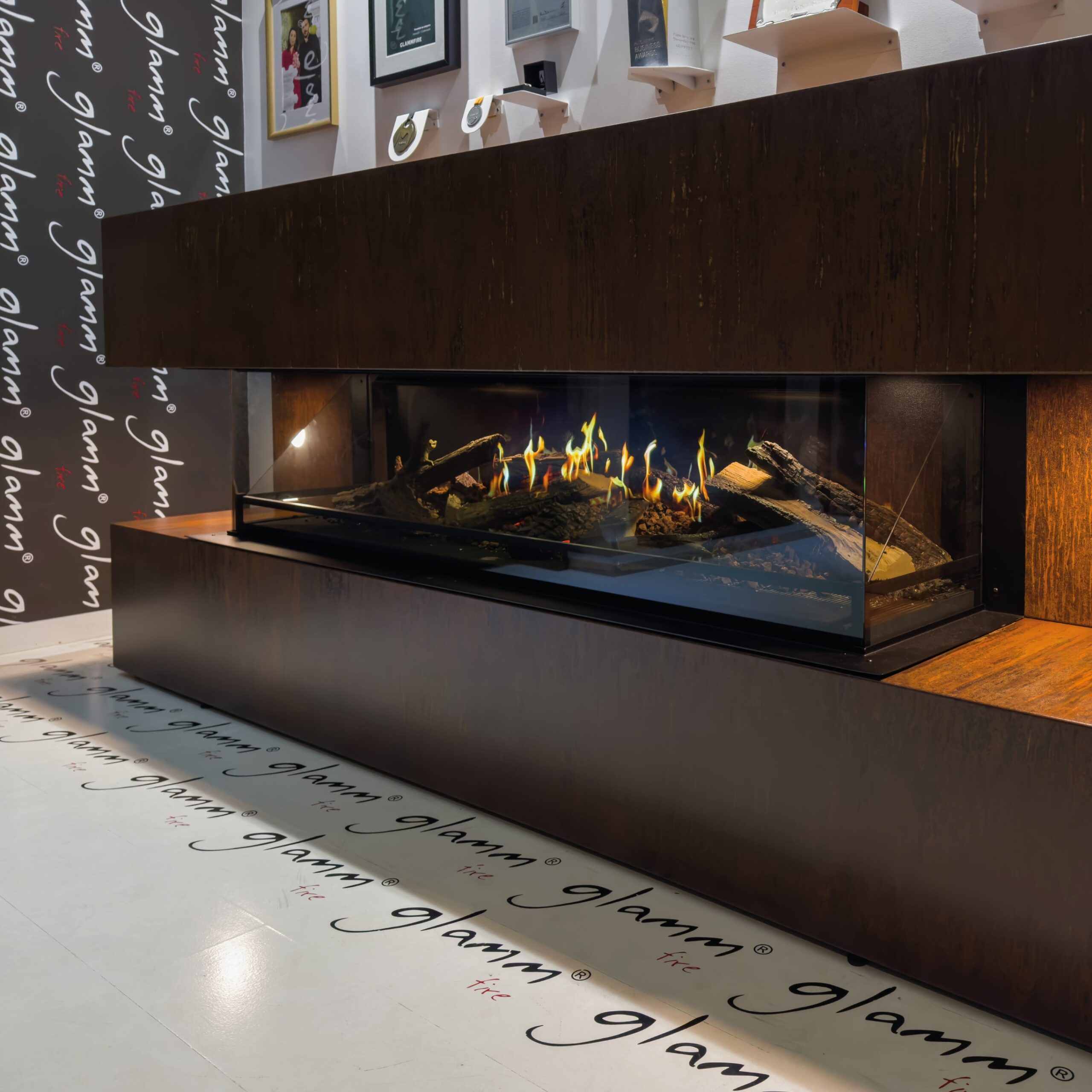 Lumina Electric Fireplace by GlammFire, built-in holographic model with heating function, perfect for modern interiors.