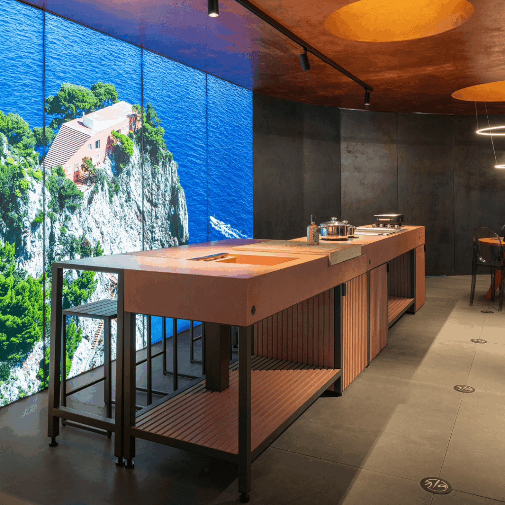 Brezza outdoor kitchen by GlammFire in a luxury interior setting with modular design and integrated cooking area