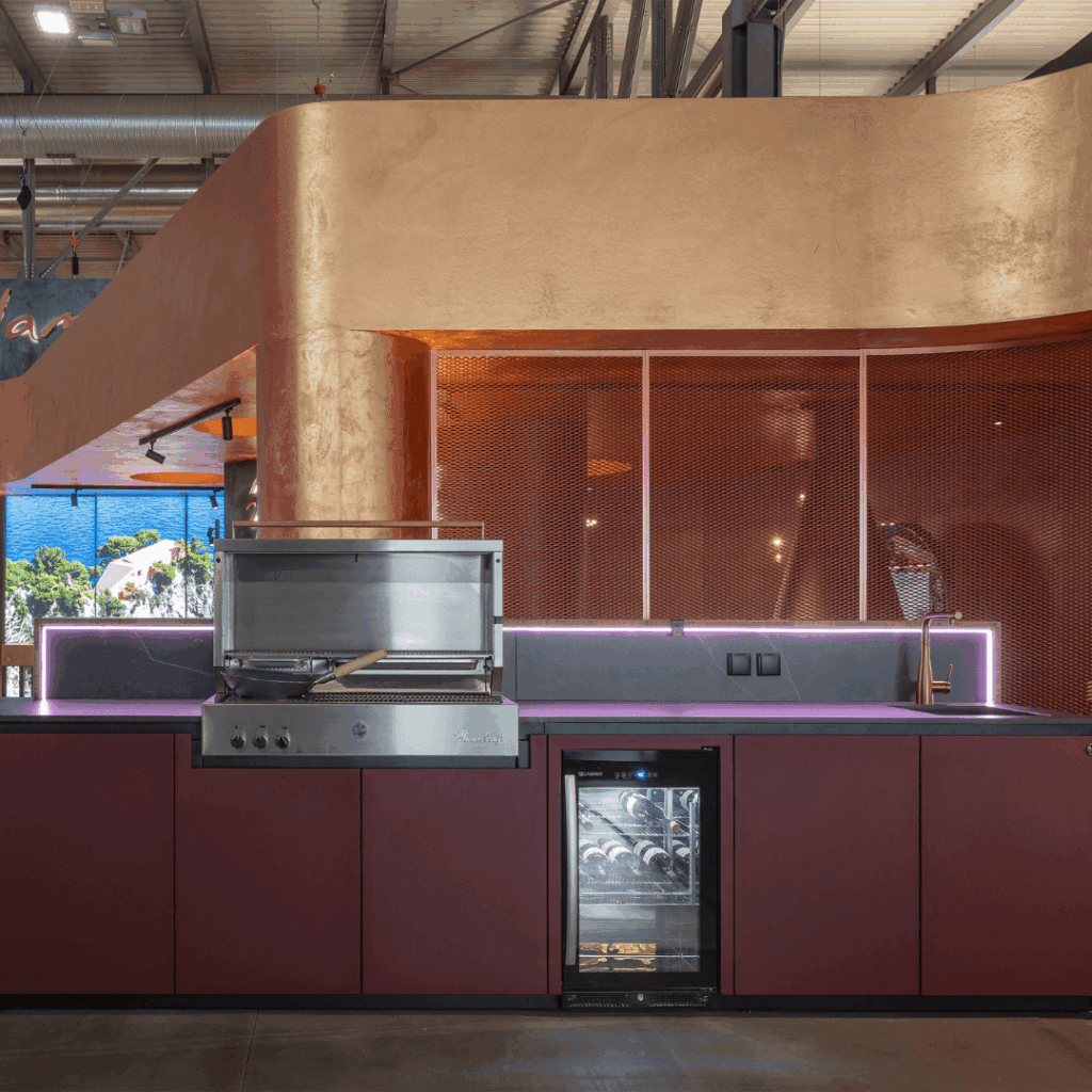 Nero Plus modular outdoor kitchen with stainless steel grill, wine cooler, sink and Dekton worktop by GlammFire