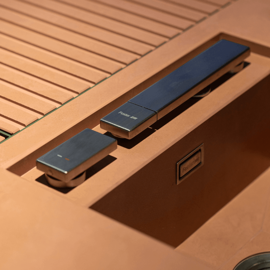 Close-up of Brezza outdoor kitchen controls and integrated tap detail by GlammFire