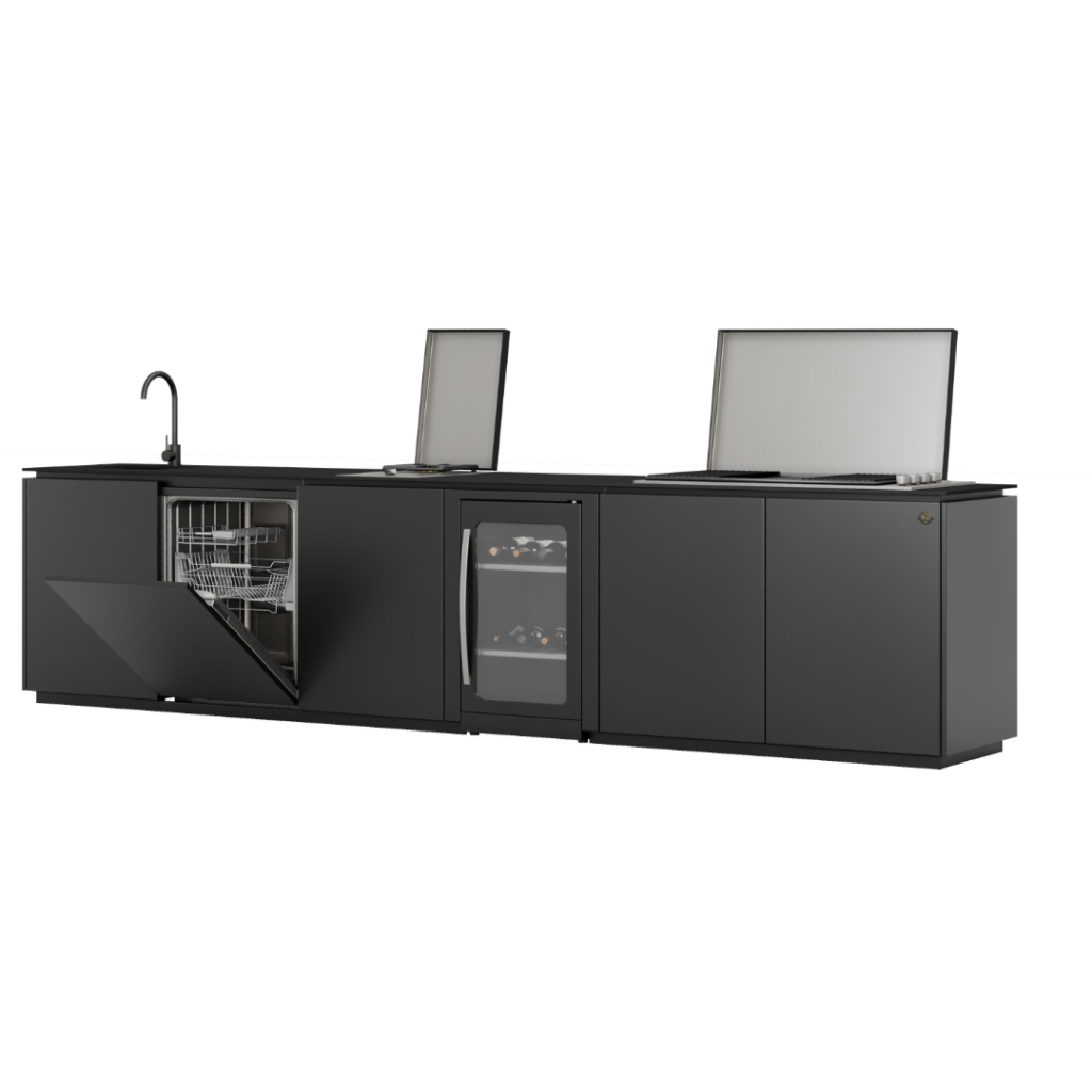 GLA outdoor kitchen Nero by GlammFire with open cooking modules and integrated dishwasher and wine cooler