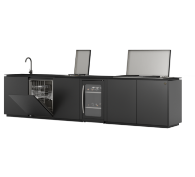 GLA outdoor kitchen Nero by GlammFire with open cooking modules and integrated dishwasher and wine cooler
