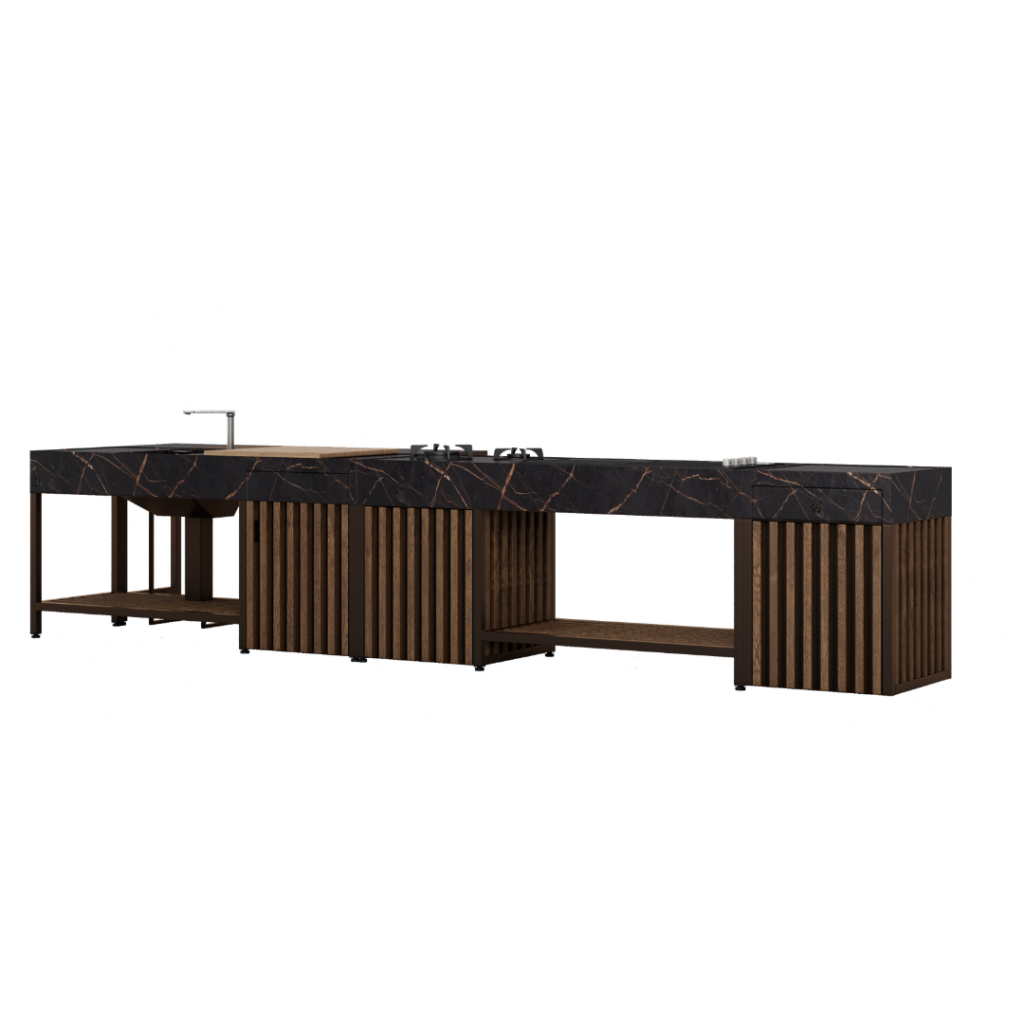 Side view of the Impero outdoor kitchen featuring a premium stone-effect worktop, stainless steel structure and vertical wooden slatted cabinetry, designed for contemporary outdoor living and entertaining.