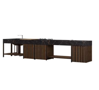Side view of the Impero outdoor kitchen featuring a premium stone-effect worktop, stainless steel structure and vertical wooden slatted cabinetry, designed for contemporary outdoor living and entertaining.