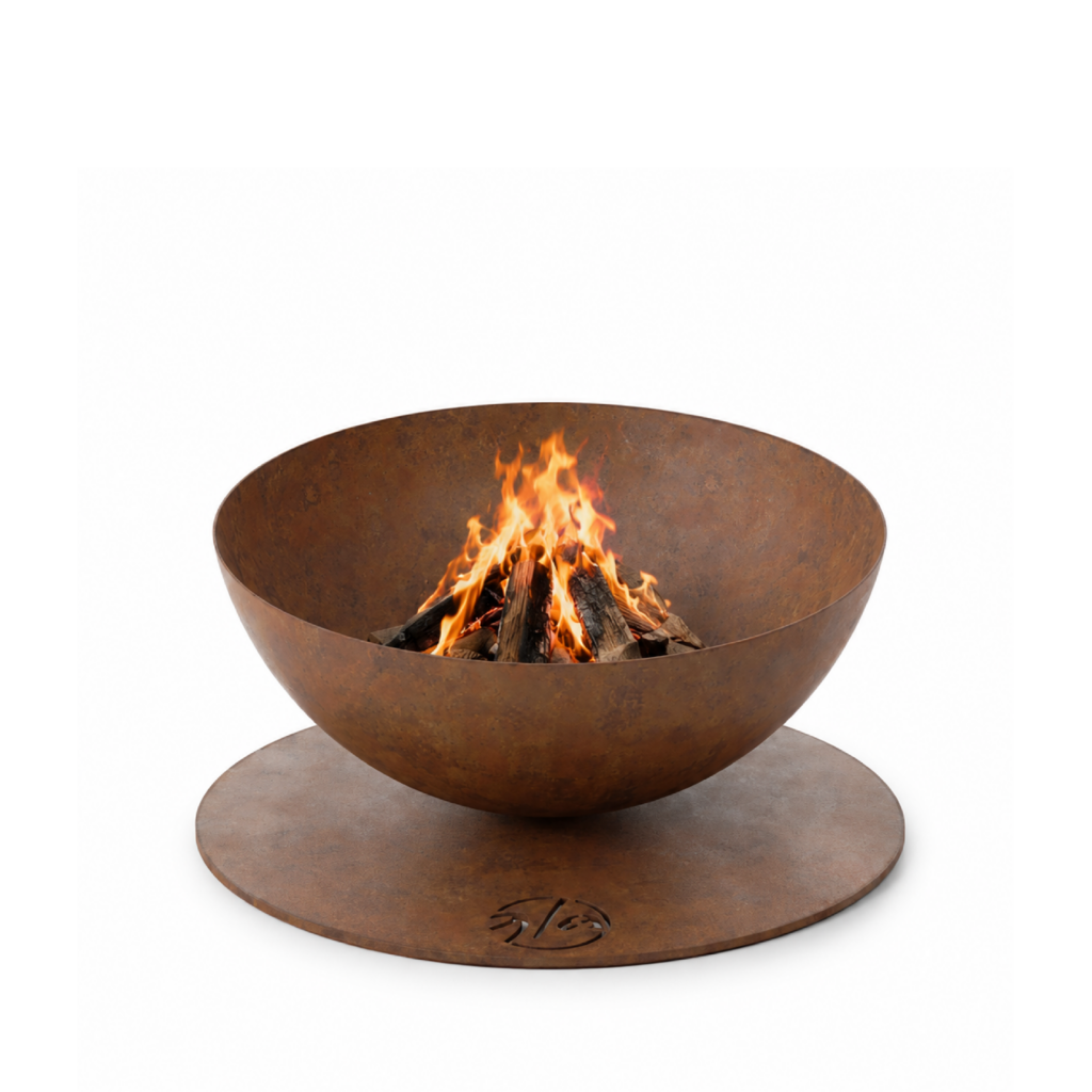 Wood-burning Solace fire pit by GlammFire in rust finish, minimalist outdoor fire pit with transparent background.
