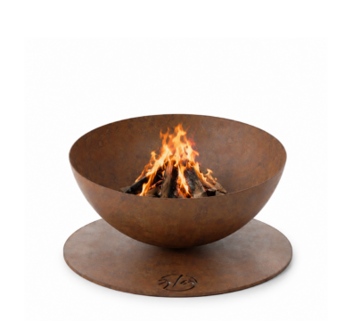 Wood-burning Solace fire pit by GlammFire in rust finish, minimalist outdoor fire pit with transparent background.