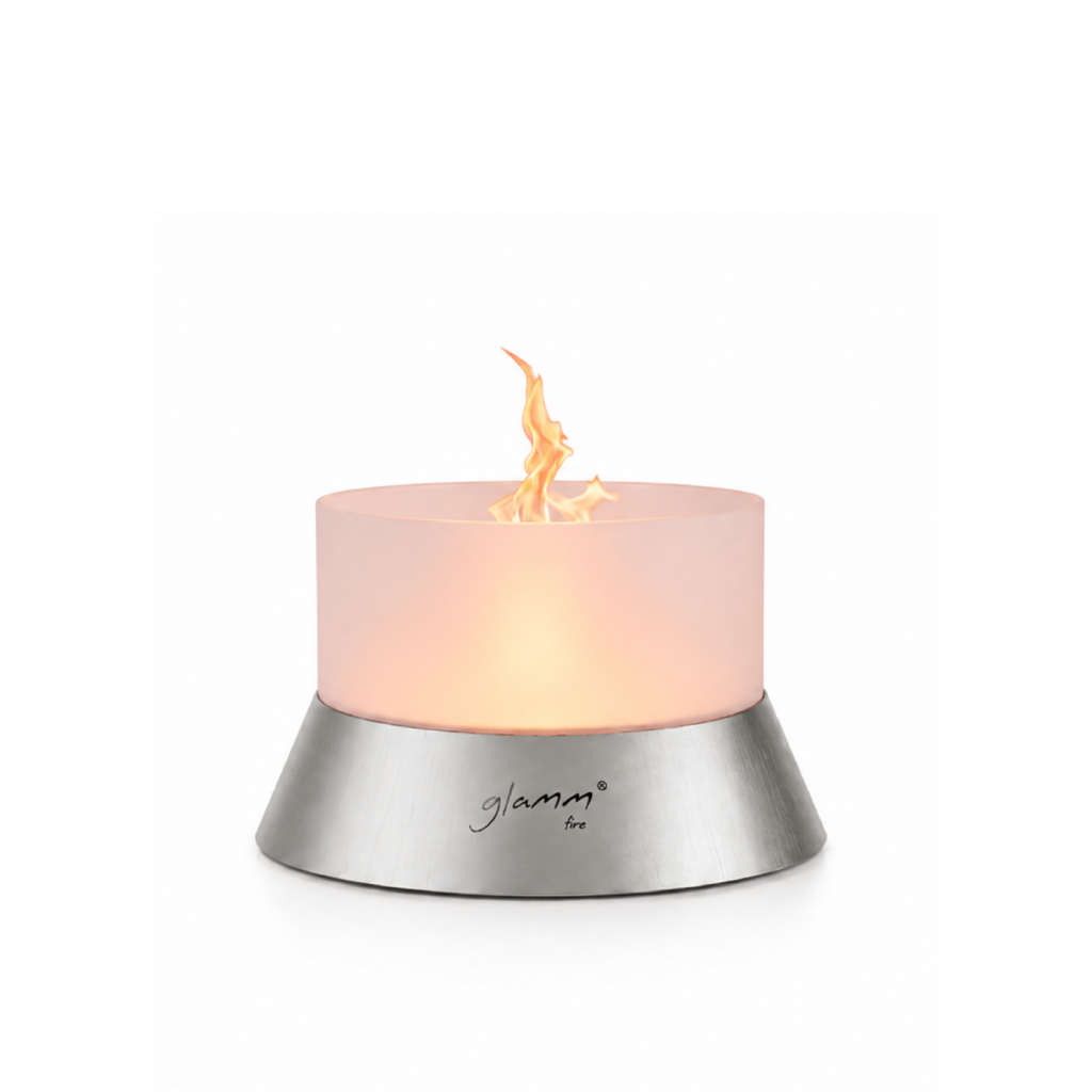 Alba wood-burning fire pit by GlammFire with stainless steel base and orange top.