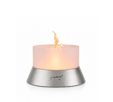 Alba wood-burning fire pit by GlammFire with stainless steel base and orange top.