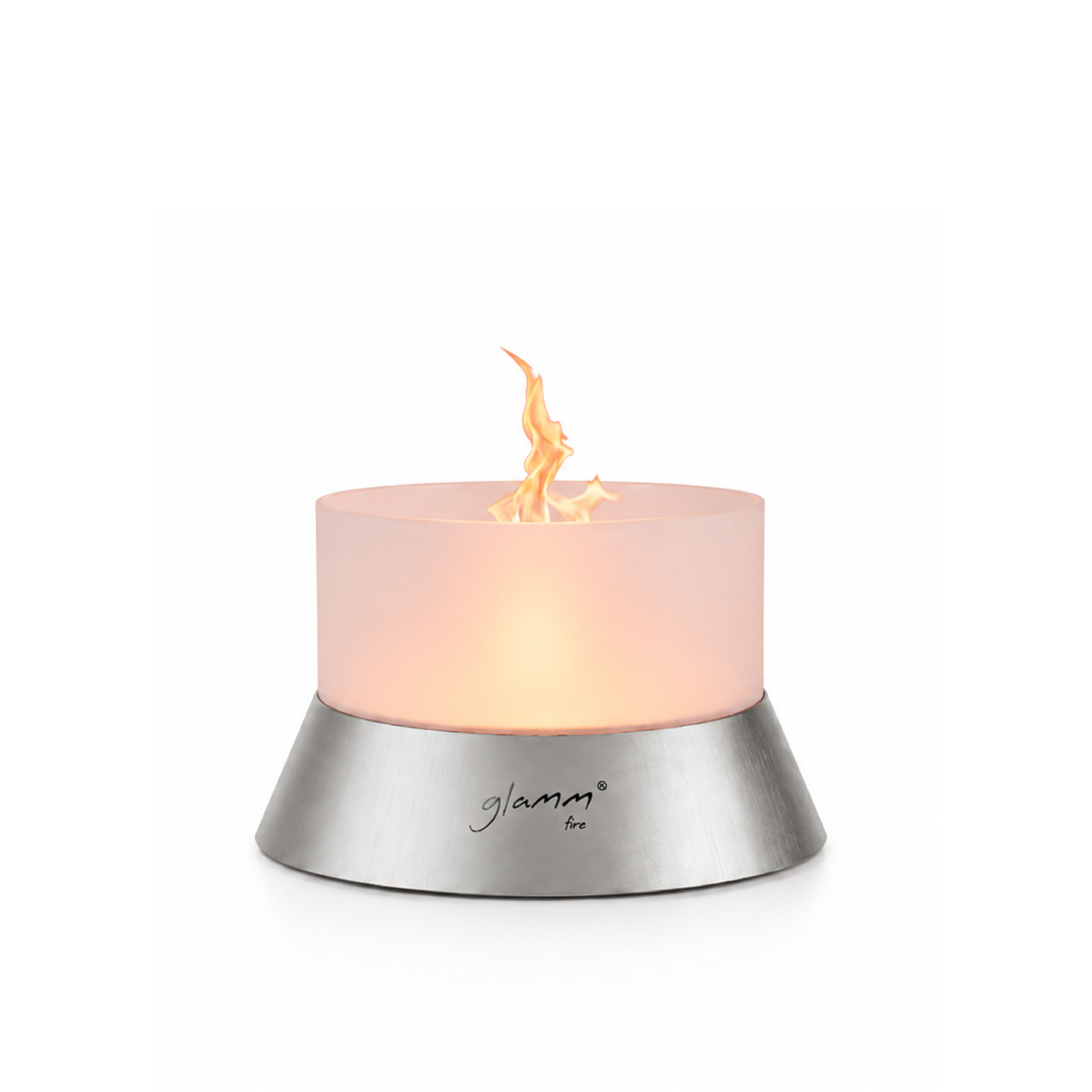 Alba wood-burning fire pit by GlammFire with stainless steel base and orange top.