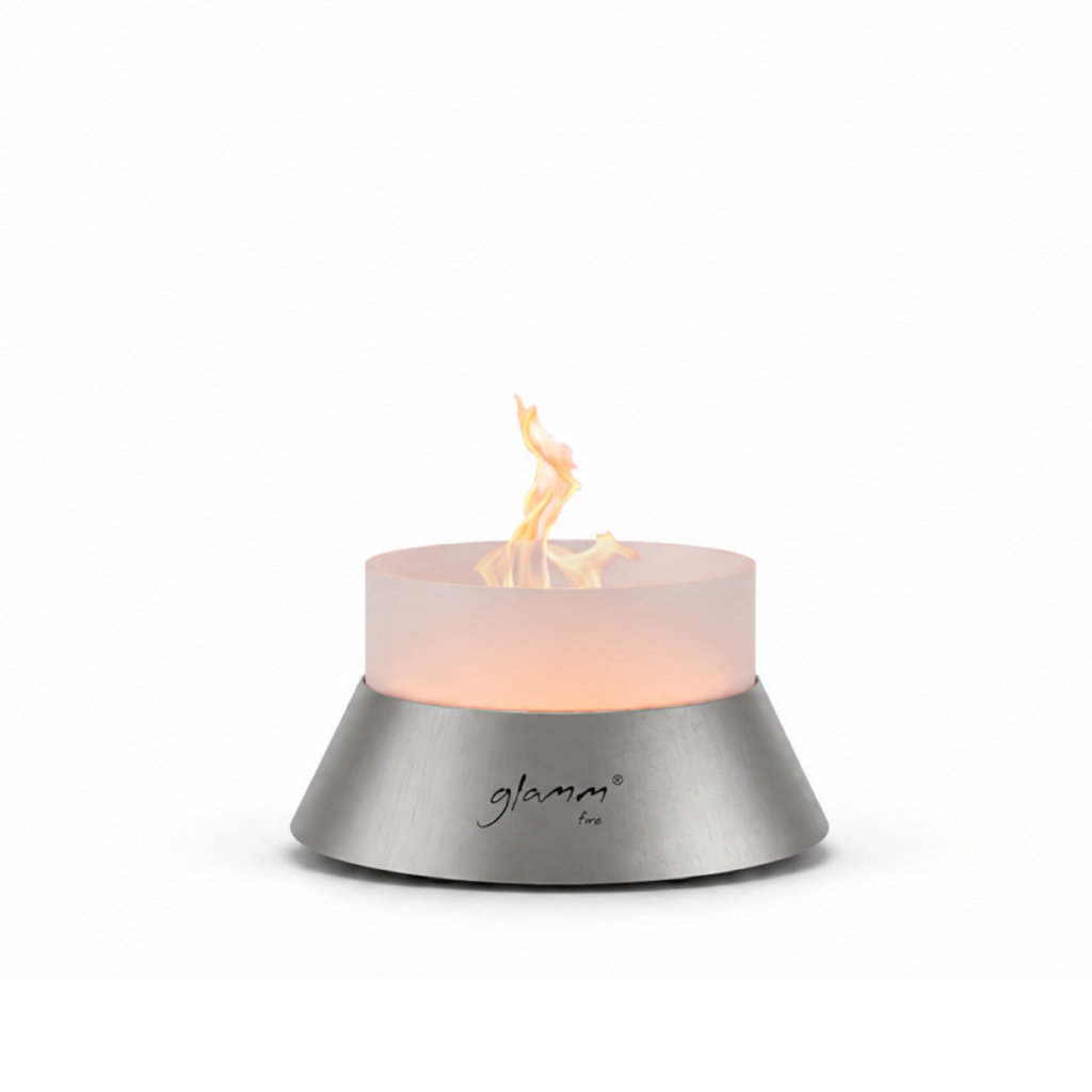 Alba Small gas fire pit by GlammFire with stainless steel base and orange top for compact outdoor heating.