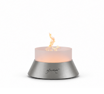 Alba Small gas fire pit by GlammFire with stainless steel base and orange top for compact outdoor heating.