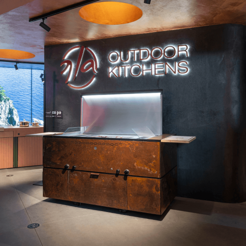 Fortezza outdoor kitchen by GlammFire with side smoke extraction system in GLA Outdoor Kitchens showroom