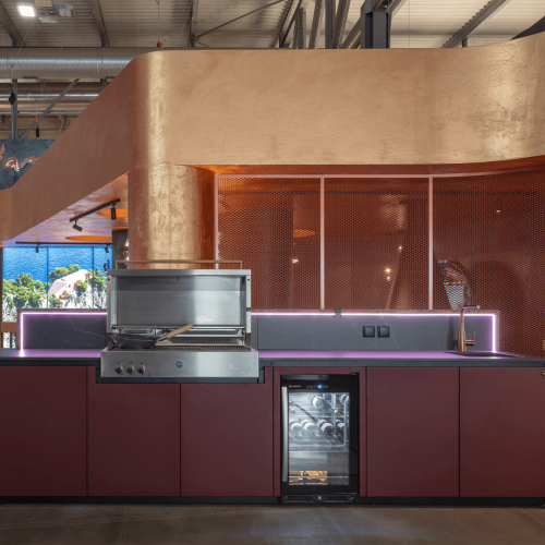 Nero Plus modular outdoor kitchen with stainless steel grill, wine cooler, sink and Dekton worktop by GlammFire
