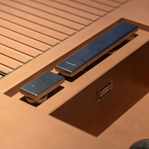 Close-up of Brezza outdoor kitchen controls and integrated tap detail by GlammFire
